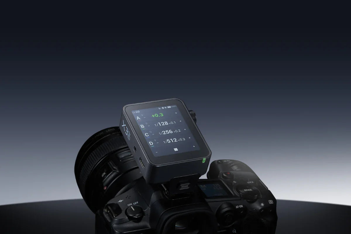 Professional DSLR camera with external digital exposure monitor attached on top