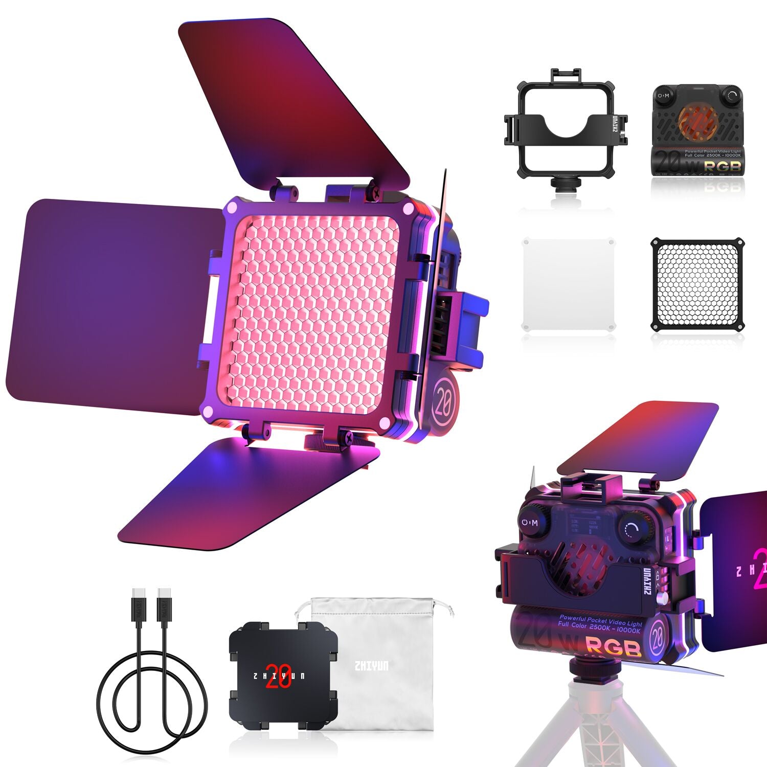 Zhiyun Fiveray M20C Combo 20W RGB Portable Camera Light, 4500mAh  Rechargeable Full Color LED Photography Light TLCI 96+ CRI 94+ CCT  2500K-10000K with