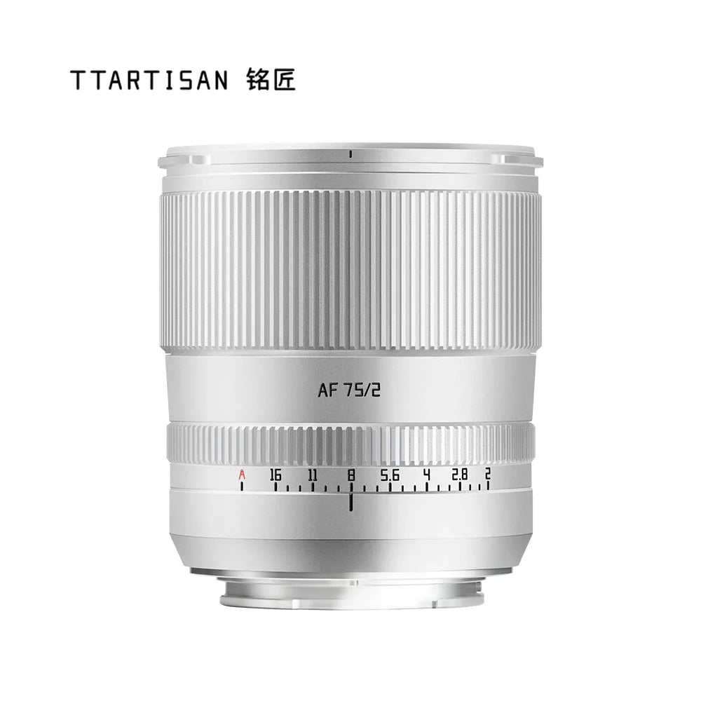 TTArtisan silver AF 75mm f/2 camera lens with aperture markings on white background